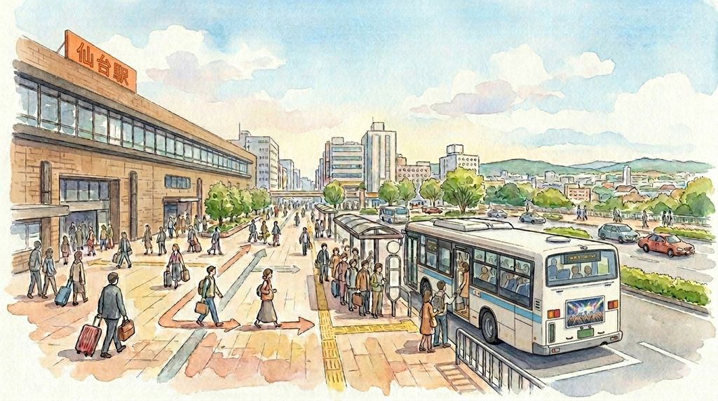 仙台駅から宮城セキスイハイムスーパーアリーナ行きシャトルバス乗り場へ